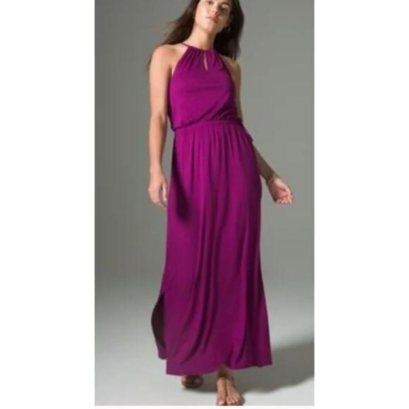 SOMA WKND Keyhole Drawstring Maxi Halter Dress Soft Jersey Shelf Bra Magenta S - Picture 1 of 10